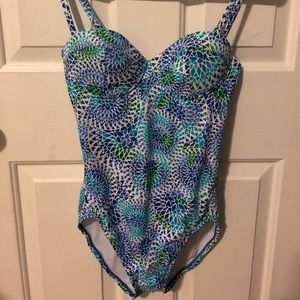 blue and green mosaic one-piece swimsuit